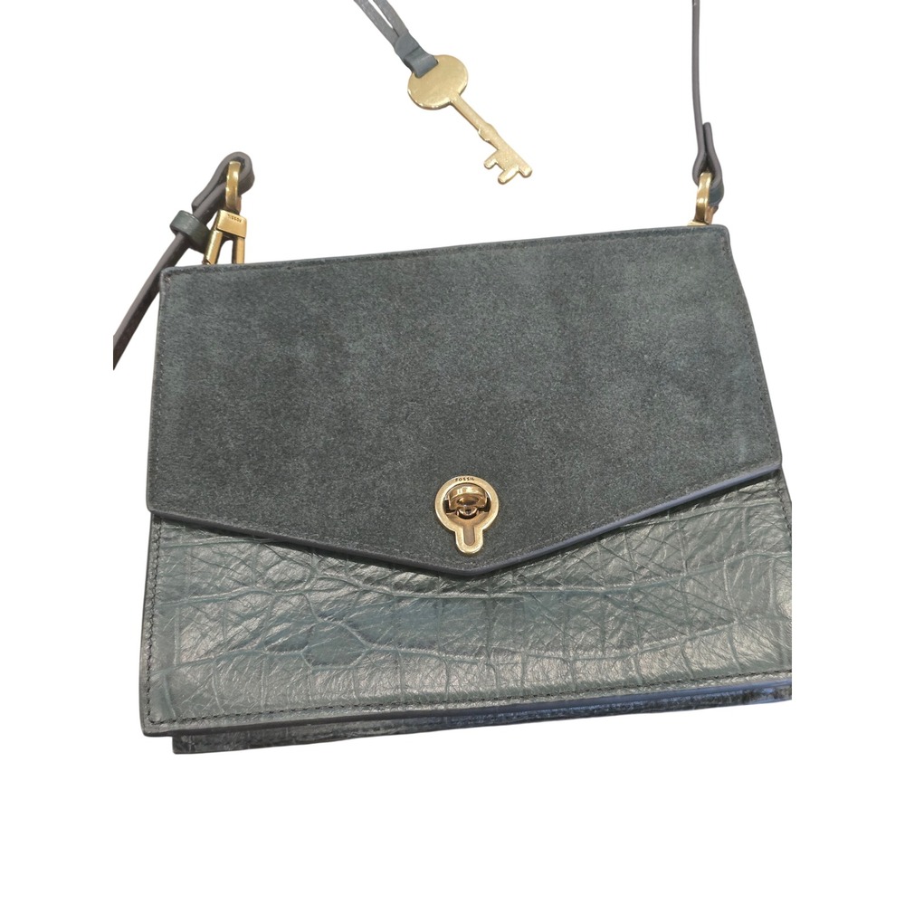 🆕️Fossil Forest Green Croc Embossed Leather Nubuck Suede Crossbody Bag Turnlock - Picture 4 of 15